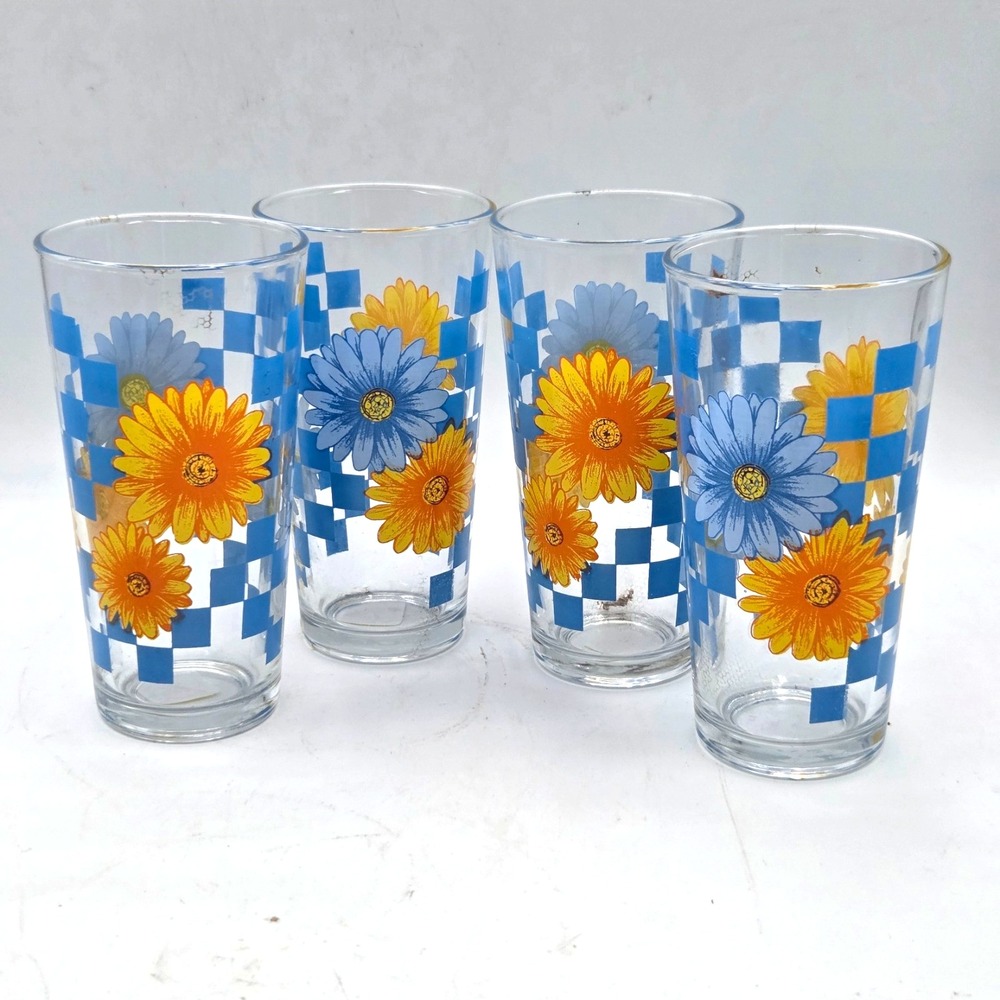 Vintage Sunflower Glasses Blue Checkerboard KIG Indonesia Iced Tea Set of 4